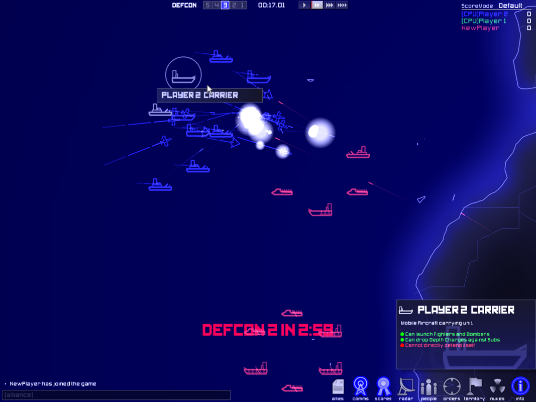 DEFCON: Global Nuclear Domination Game (Windows) screenshot: As Defcon level increases, the tension level brings skirmishes