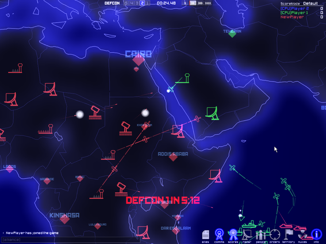 DEFCON: Global Nuclear Domination Game (Windows) screenshot: Planes take off from air bases to attack and intercept