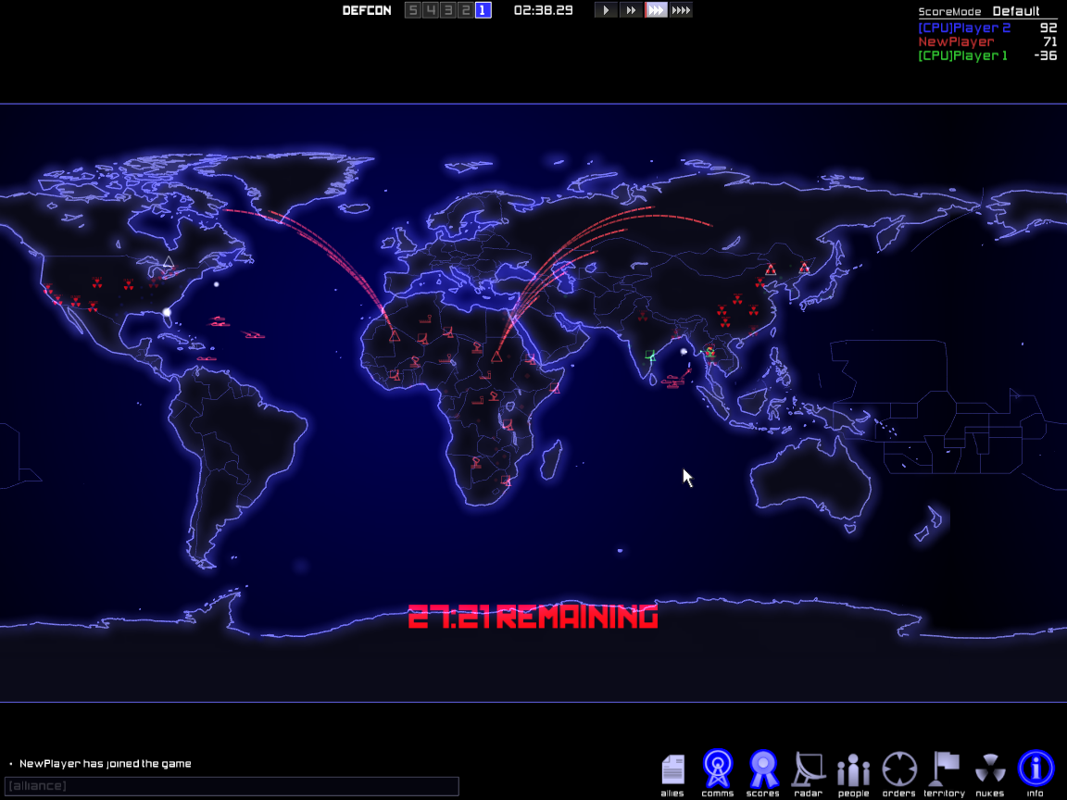 DEFCON: Global Nuclear Domination Game (Windows) screenshot: ICBMs are launched across the world