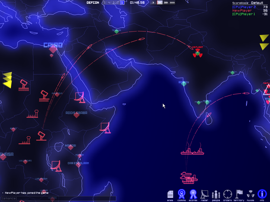 DEFCON: Global Nuclear Domination Game (Windows) screenshot: Missiles launched from Africa towards the Middle East