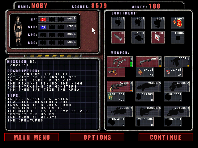 Alien Shooter (Windows) screenshot: Mission Briefing and Purchase Area