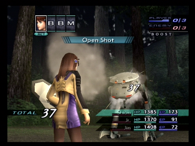 Xenosaga: Episode III - Also Sprach Zarathustra (PlayStation 2) screenshot: Shion attacks a mechanical opponent.