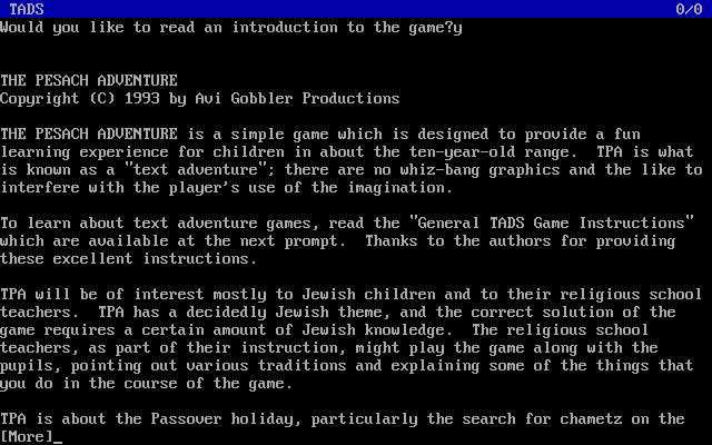 The Pesach Adventure (DOS) screenshot: Starting screen