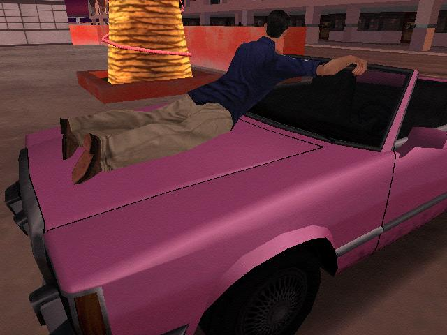 Grand Theft Auto: San Andreas (Windows) screenshot: Guy tied to front of car - The aim of this mission is to drive around and scare him as much as possible.
