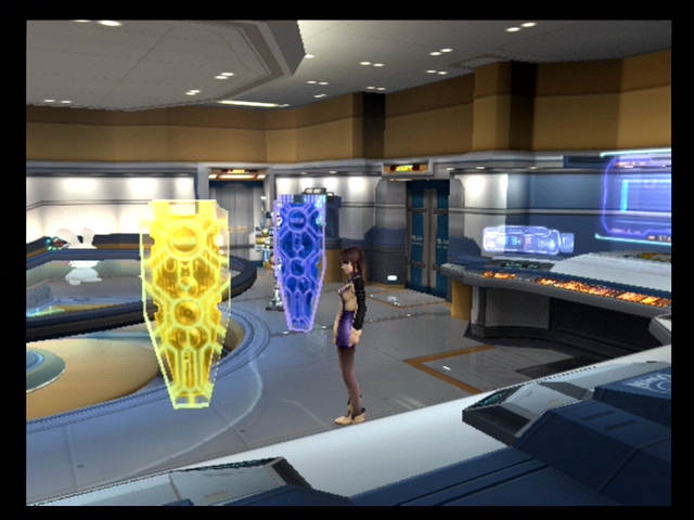 Xenosaga: Episode III - Also Sprach Zarathustra (PlayStation 2) screenshot: You can save the game at these yellow icons.
