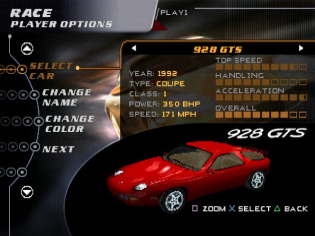 Need for Speed: Porsche Unleashed (PlayStation) screenshot: Car selection