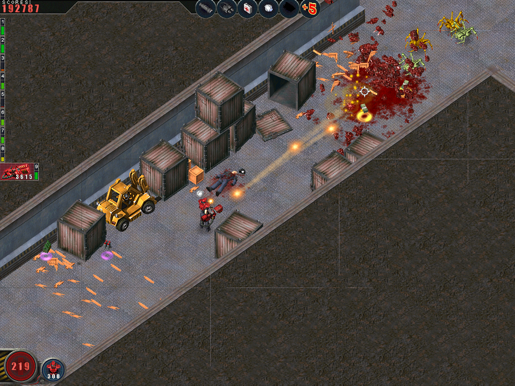 Alien Shooter (Windows) screenshot: The store rooms during battle.
