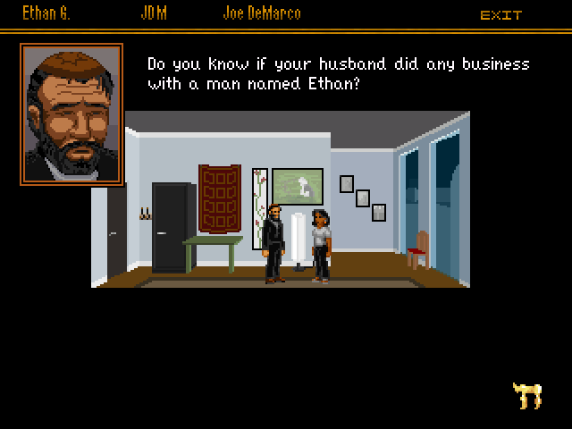 The Shivah (Windows) screenshot: A conversation with the Lauder widow. The clues screen is shown at the top of the screen.