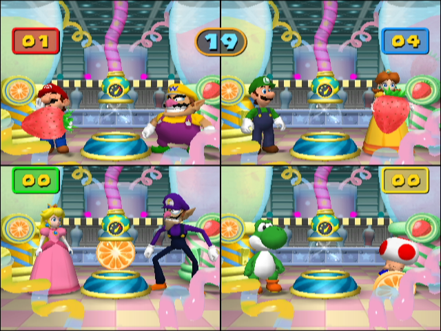 Mario Party 7 (GameCube) screenshot: Sorting fruit in an eight player minigame.
