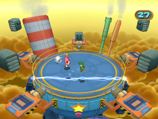 Mario Party 7 (GameCube) screenshot: Jump over the electric sparks to avoid being thrown out of the arena.