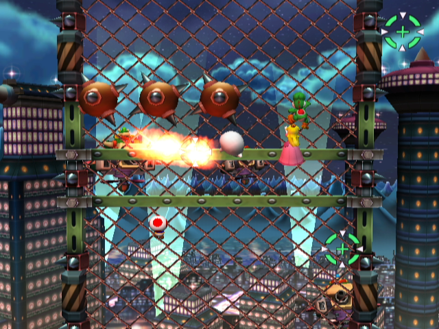 Mario Party 7 (GameCube) screenshot: Bowser minigame; climb the fence, but avoid the flames!