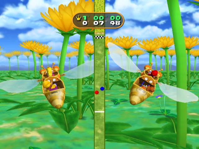 Mario Party 7 (GameCube) screenshot: Team minigame; don't crash into flowers!