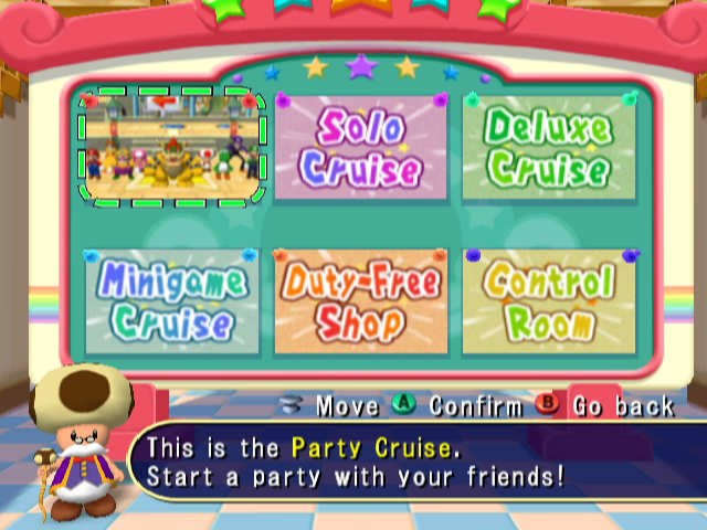 Mario Party 7 (GameCube) screenshot: The main menu; select a game mode.