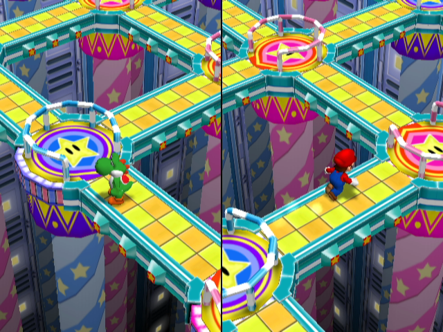 Mario Party 7 (GameCube) screenshot: Minigame; Mario and Yoshi need to get through this moving maze.