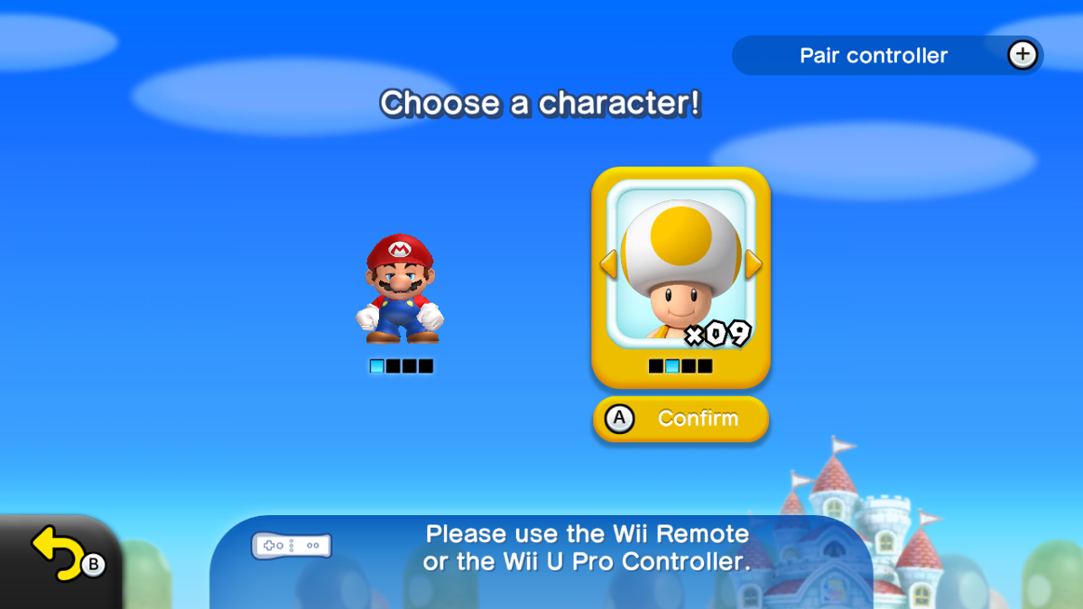 New Super Mario Bros. U (Wii U) screenshot: There are four playable characters - Mario, Luigi, and Yellow and Blue Toads