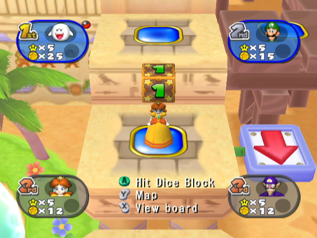 Mario Party 7 (GameCube) screenshot: Rolling the dice block.