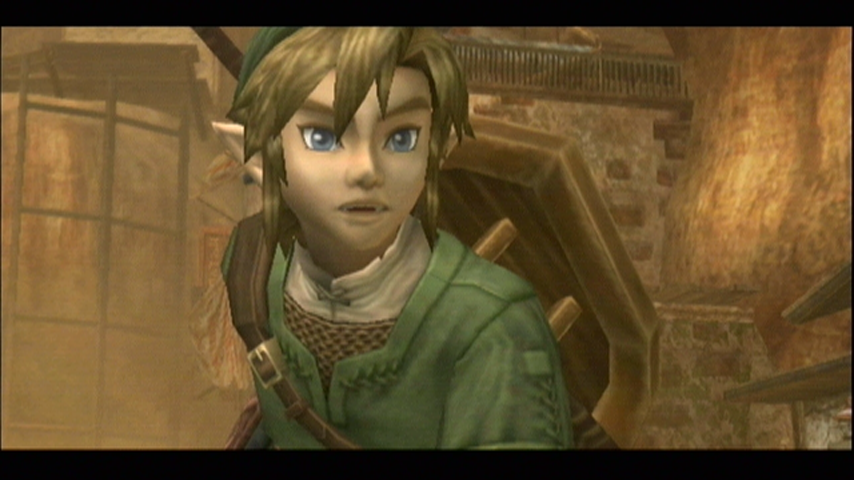 The Legend of Zelda: Twilight Princess (Wii) screenshot: Uh oh, trouble coming! (Link during a cutscene)