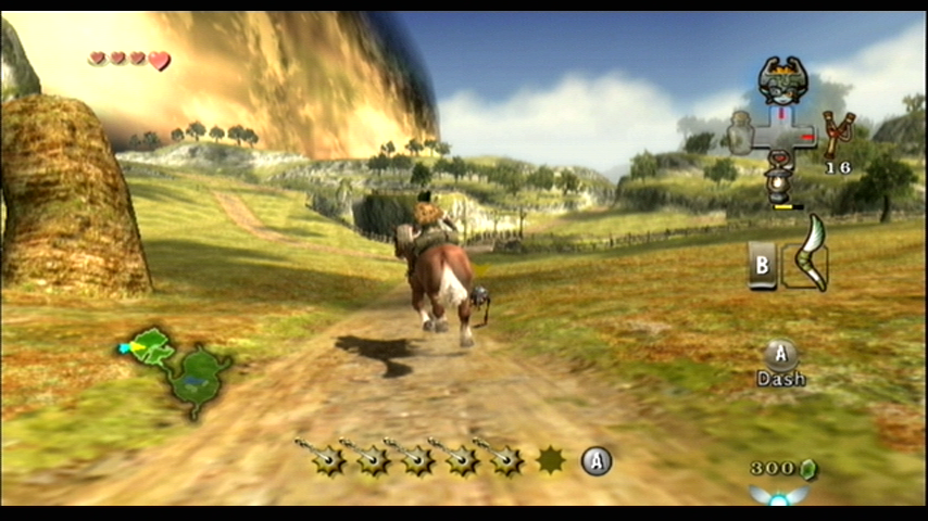 The Legend of Zelda: Twilight Princess (Wii) screenshot: Link rides his horse through the countryside...