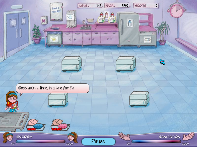 Carrie the Caregiver: Episode 1 - Infancy (Windows) screenshot: Reading to the waiting babies can be a good way to increase happiness