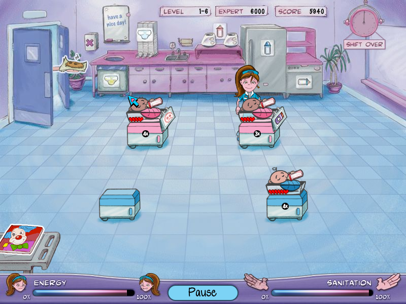 Carrie the Caregiver: Episode 1 - Infancy (Windows) screenshot: You get multipliers on the cribs by matching the baby's blanket color with the crib color. This gives you a good bonus when putting the babies into the cribs