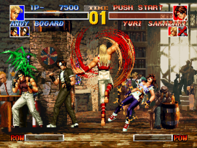 The King of Fighters '95 (PlayStation) screenshot: With 1 second left, Andy Bogard was enough fast to finish her, Yuri Sakazaki, with his Shouryuu Dan!