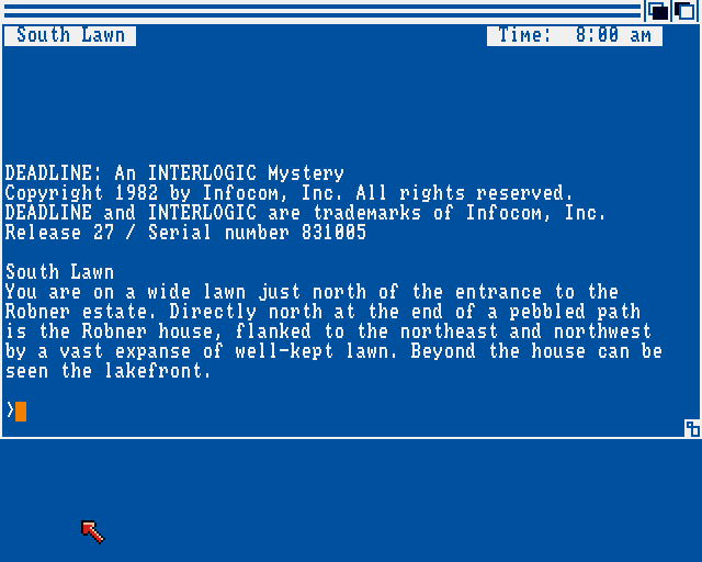 Deadline (Amiga) screenshot: Title screen / Starting location