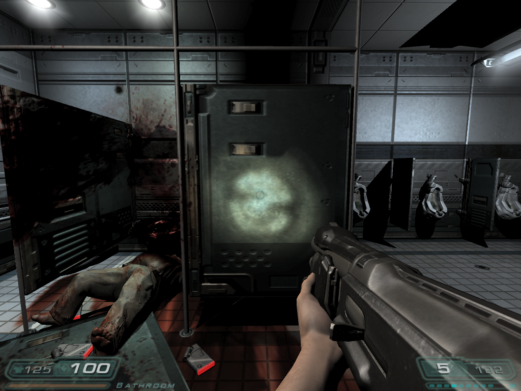 Doom³ (Windows) screenshot: This bathroom stall is the creepiest I've ever seen. Someone inside is heavily breathing and you can hear loud heartbeats from it too.