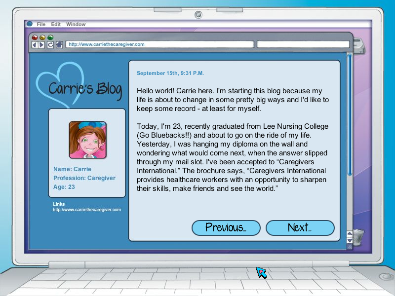 Carrie the Caregiver: Episode 1 - Infancy (Windows) screenshot: When starting in a new country, you will see Carrie's Blog, where she comments on what is going on
