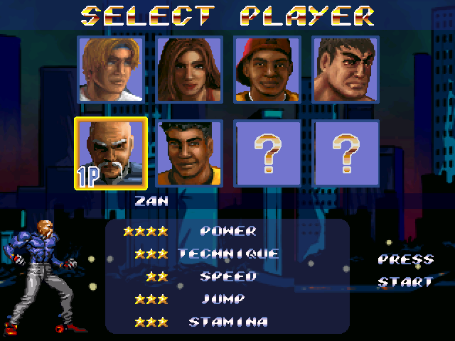 Streets of Rage Remake (Windows) screenshot: Character selection screen (2006 version)