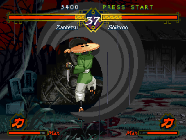 The Last Blade (PlayStation) screenshot: Shikyoh fails in his counterattack: then, he's wrapped by Zantetsu's vanishing move Tenma Otoshi...