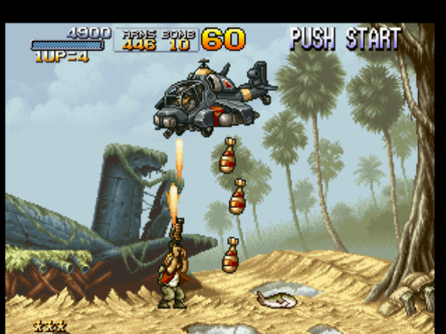 Metal Slug: Super Vehicle - 001 (PlayStation) screenshot: A missile-shooter helicopter tries to stop Marco Rossi, but he starts a Heavy-Machine-Gun-offensive!