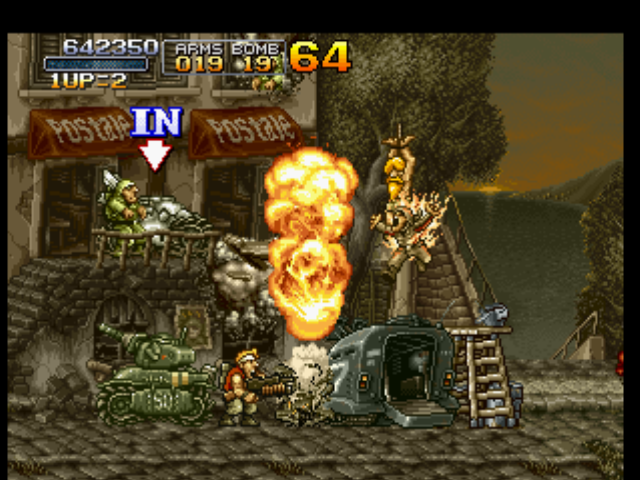 Metal Slug: Super Vehicle - 001 (PlayStation) screenshot: Before to free a hostage and to ride Metal Slug, Marco must take care with tanks and armored cars...