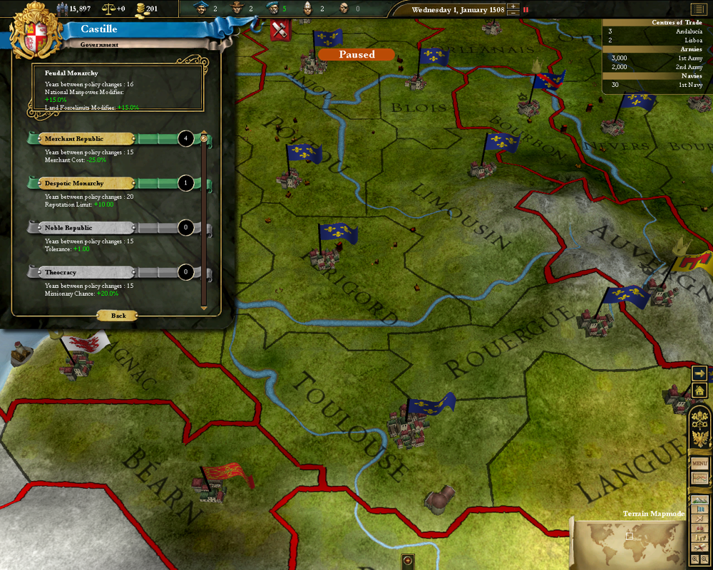 Europa Universalis III (Windows) screenshot: Here you decide which form of government to use. The number to the right of the government type shows the hit to your stability.