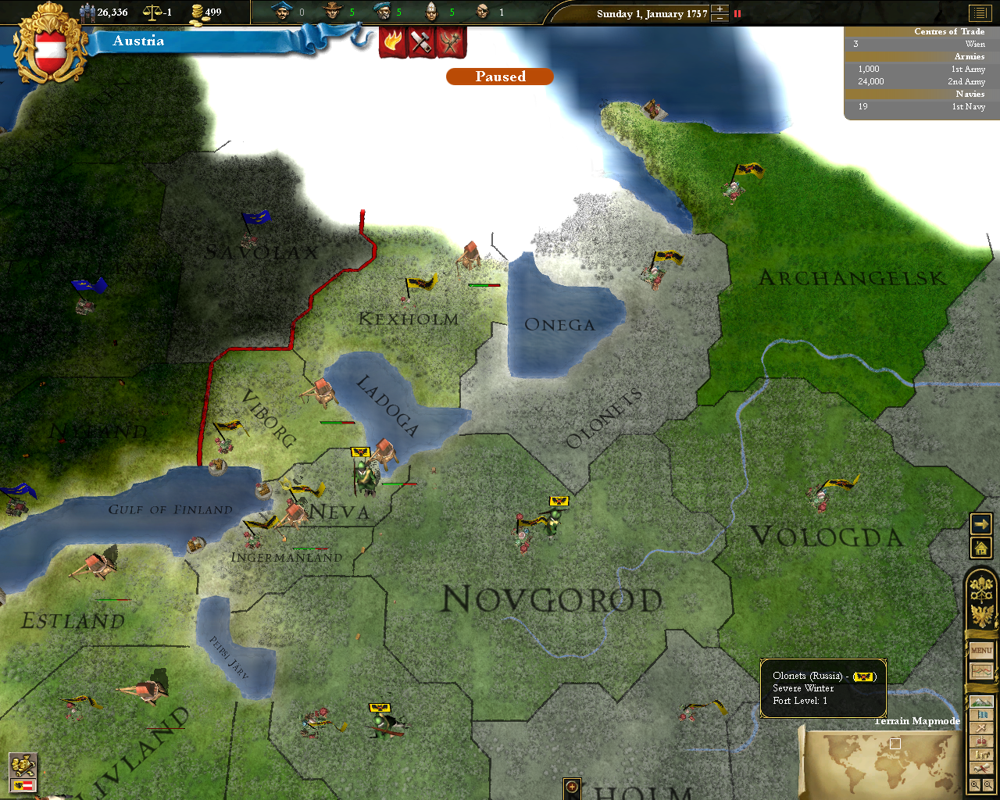 Europa Universalis III (Windows) screenshot: Having your troops get caught in enemy territory during the winter can be disastrous.