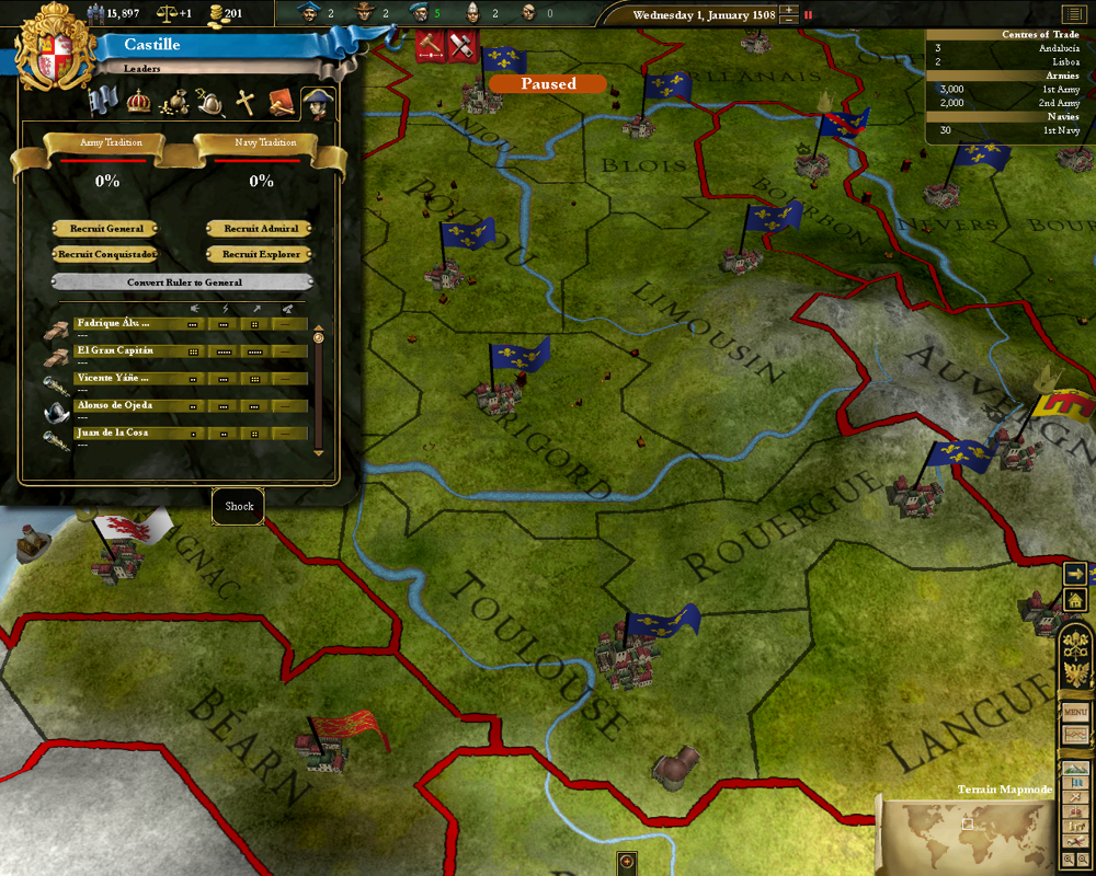 Europa Universalis III (Windows) screenshot: Military leader screen, with already hired generals, admirals, explorers and conquistadors in the list.