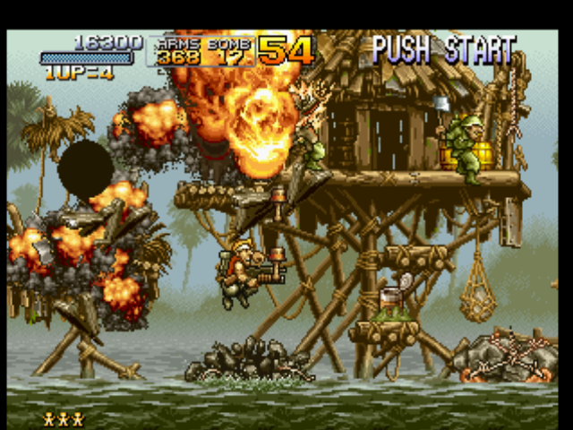 Metal Slug: Super Vehicle - 001 (PlayStation) screenshot: Taking advantage of high-damage bombs, Marco Rossi starts to destroy the soldiers' "headquarters"...
