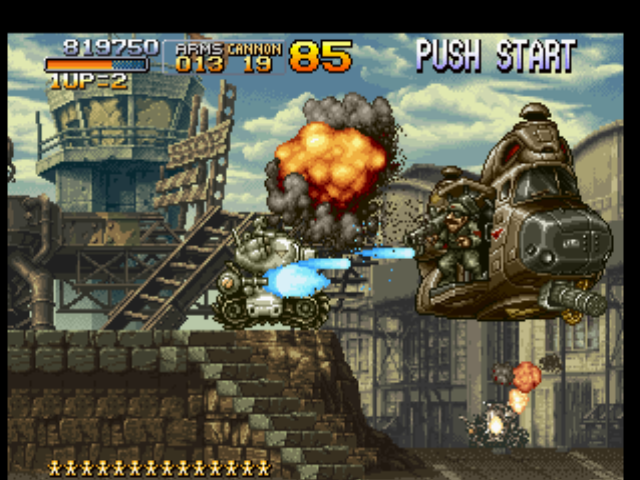 Metal Slug: Super Vehicle - 001 (PlayStation) screenshot: Located in a platform mid-section, Metal Slug starts to shoot against General Morden's helicopter...