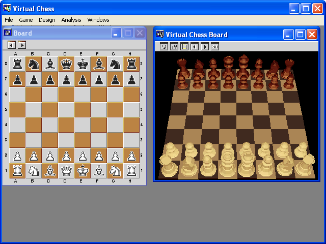 Virtual Chess (Windows) screenshot: Default window with the 2D board side by side with the 3D virtual board