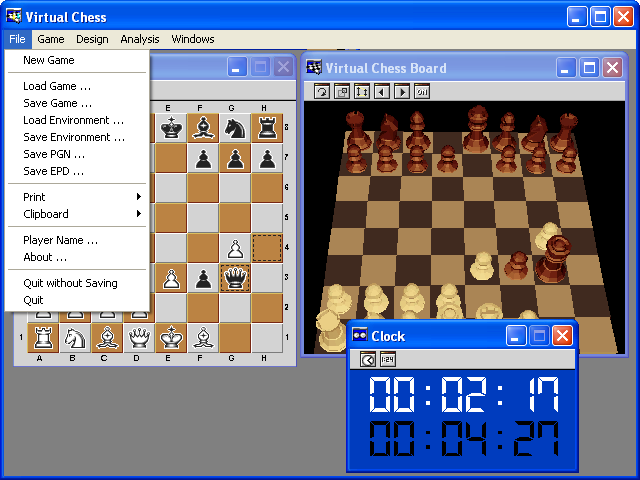 Virtual Chess (Windows) screenshot: File menu and clock