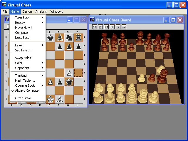 Virtual Chess (Windows) screenshot: Game menu