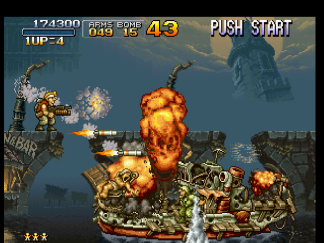 Metal Slug: Super Vehicle - 001 (PlayStation) screenshot: An enemy boat are approaching, and Marco Rossi uses the acquired Rocket Launcher to sink-destroy it!