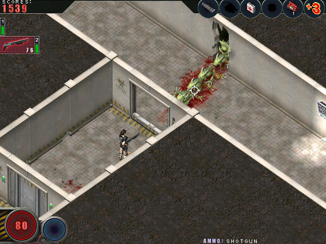 Alien Shooter (Windows) screenshot: Cracks in walls can often be broken to reveal hidden power-ups, or something much much worse.