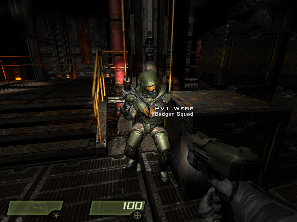 Quake 4 (Windows) screenshot: After having his head rolling around in Quake 3 Arena and being heavily wounded in Doom 3, Webb thought that joining the army against the Strogg would be less deadlier.