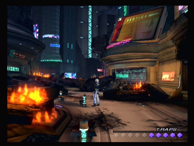 Xenosaga: Episode III - Also Sprach Zarathustra (PlayStation 2) screenshot: Uh oh, this city looks like it's in trouble...