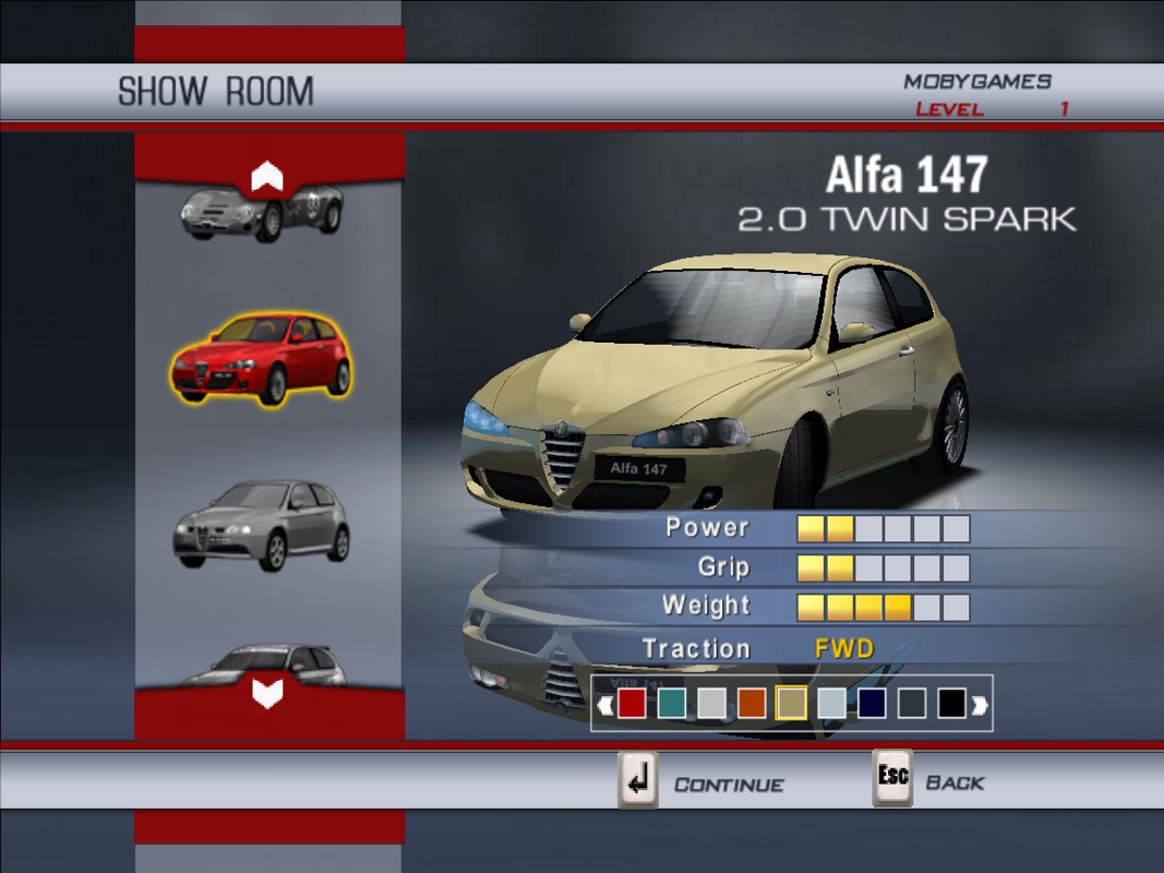 Alfa Romeo Racing Italiano (Windows) screenshot: Car select. You can also choose colours.
