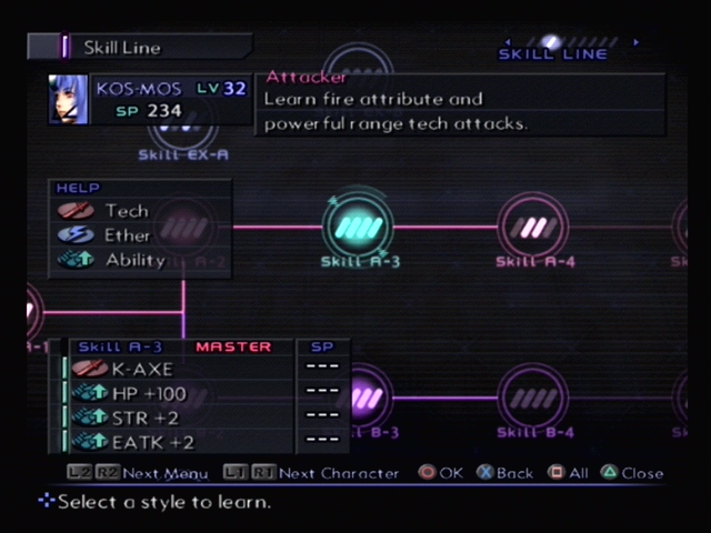 Xenosaga: Episode III - Also Sprach Zarathustra (PlayStation 2) screenshot: Use the skill line to improve character stats