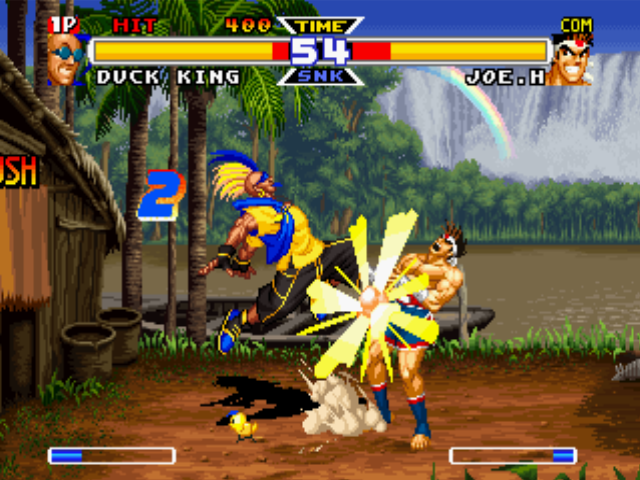 Real Bout Garō Densetsu Special: Dominated Mind (PlayStation) screenshot: Joe Higashi's probable counterattack is successfully hit-stopped by Duck King's move Dancing Dive...