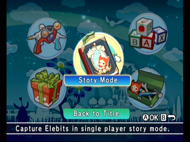 Elebits (Wii) screenshot: Main menu; begin story mode?