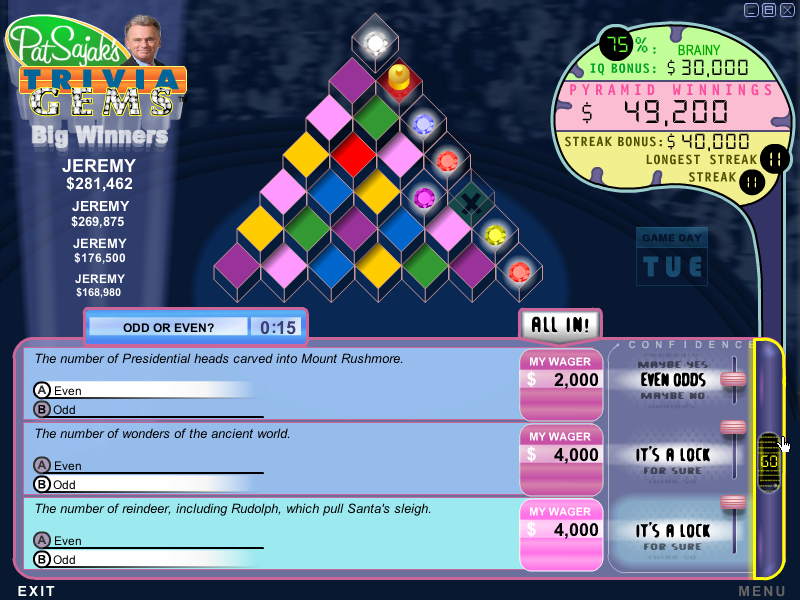 Pat Sajak's Trivia Gems (Windows) screenshot: As you work your way up, your score will go up or down based on how well you do. Your wagers can help you to get to the top even if you don't know some answers.