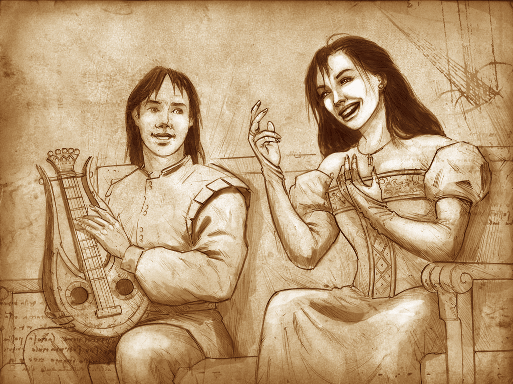 The Secrets of Da Vinci: The Forbidden Manuscript (Windows) screenshot: Quite a few cutscenes are stills in tones of sepia. Here Valdo accompanies Marie's singing with his lyre.